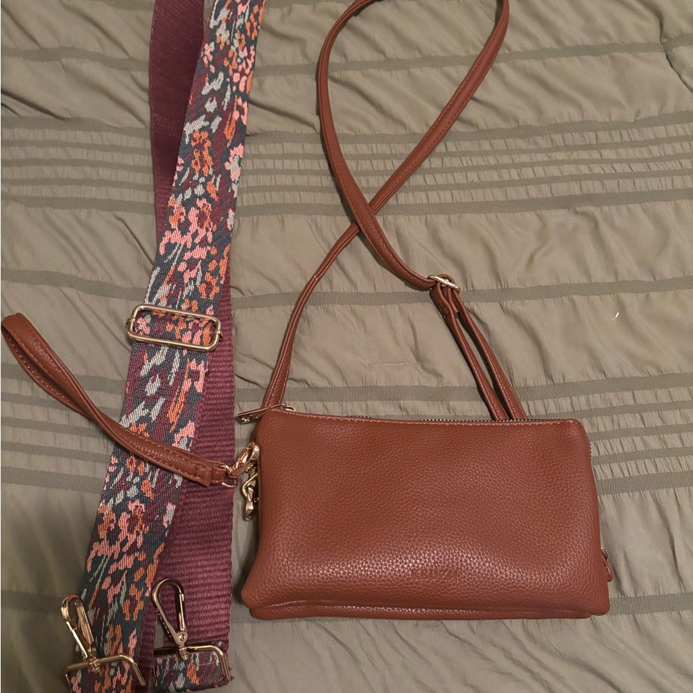 Elegant Brown Crossbody Bag with Floral Strap